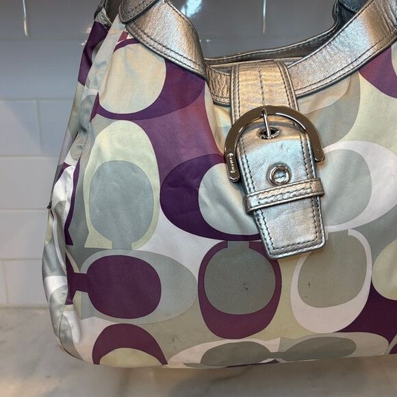 Coach Bag Purse Handbag soho Signature Satin Scarf Print Buckle Hobo XL Shoulder - Picture 2 of 16